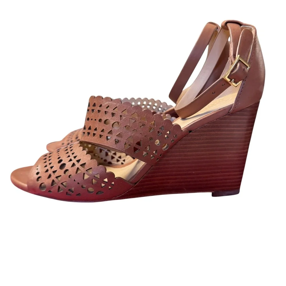 Tory Burch Tan Leather Laser Cut Scalloped Wedge Sandals Ankle Strap Womens 6.5